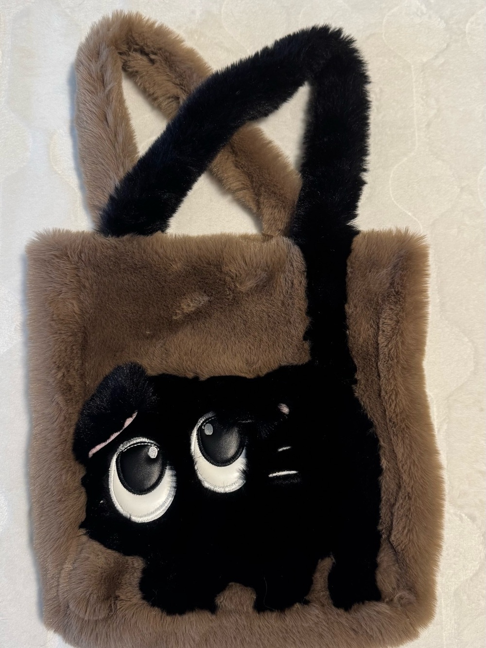Brown Faux Furry Tote Bag with Black Cat Applique Plush Handbag Large Eyed